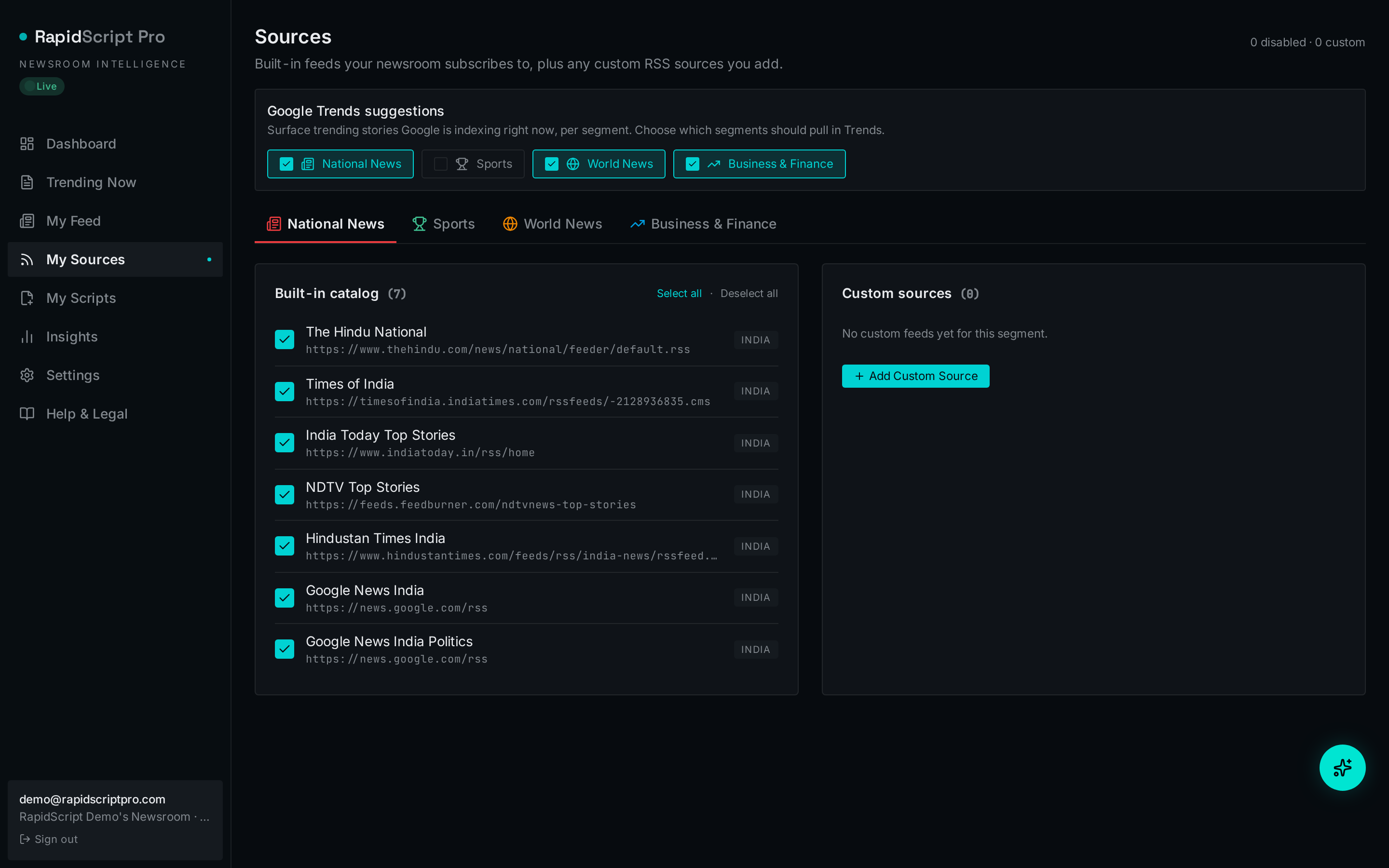 RapidScript Pro Sources screen